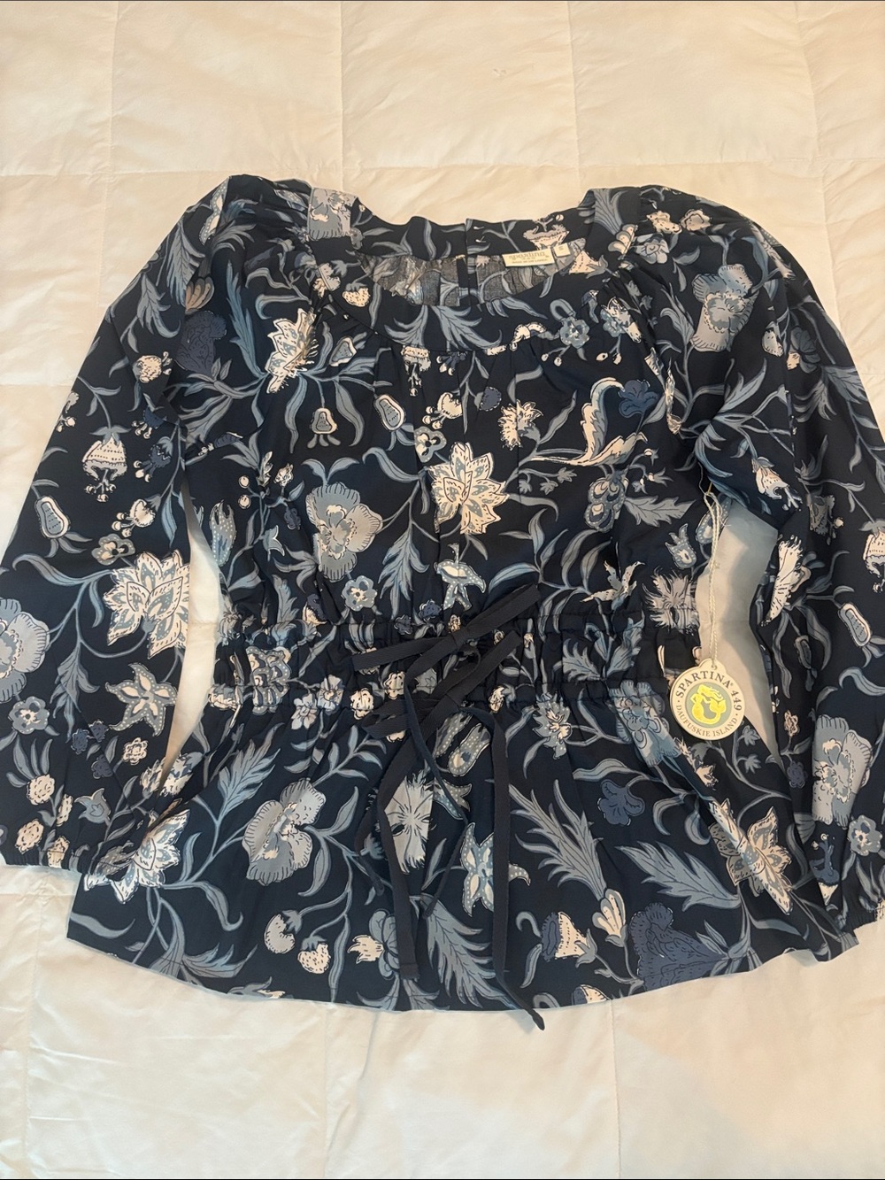 Women’s Spartina 449 Navy Floral Peasant Top with Drawstring Waist